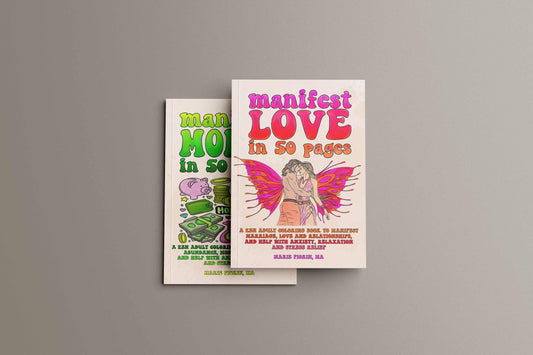 Covers of the coloring books “manifest love” and “manifest money” in 50 pages