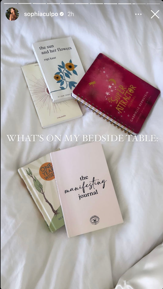 The manifesting journal featured on shophia culpo’s instagram with other manifestation books “what’s on my bedside table”