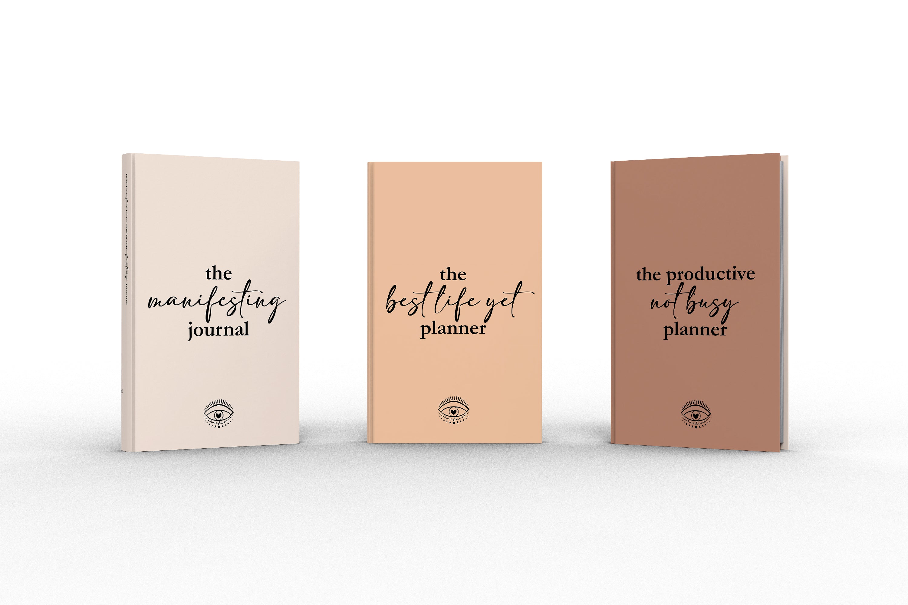 Covers of our 3 books from the manifesting journal series including the best life yet planner and the productive not busy planner