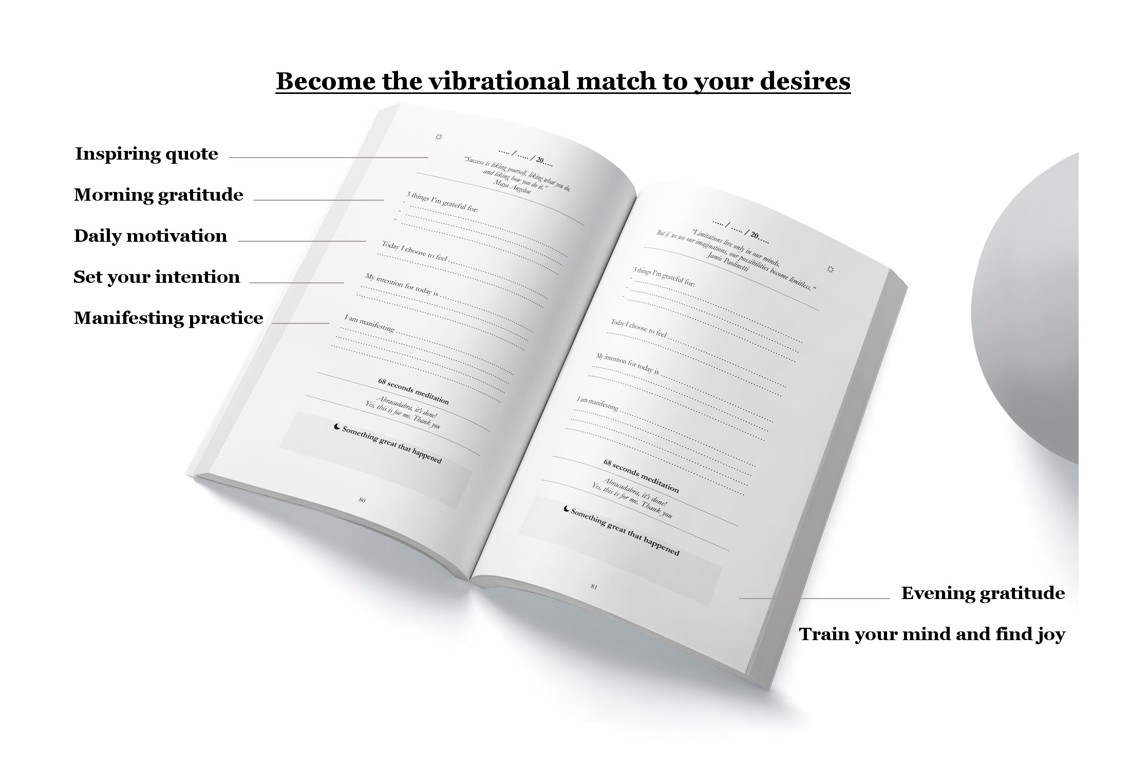 Inside pages of the manifesting journal showing daily manifesting practices 